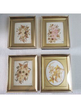 4 Shrog Dried Pressed Flowers 6x4.5 Glass Metal Frame Vintage England Handmade